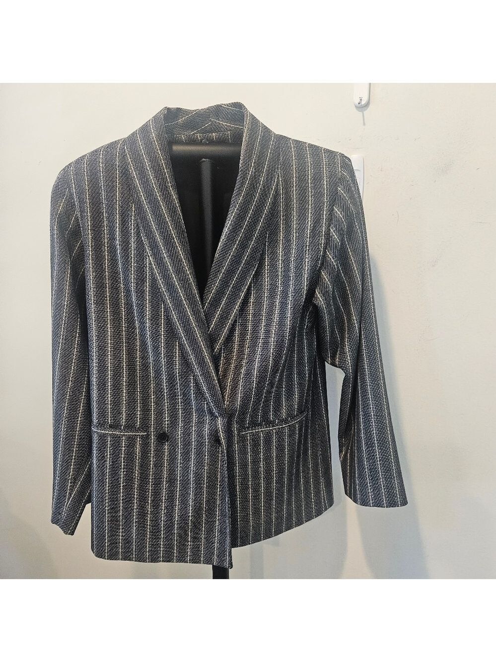 Harve Bernard Women's Vintage Wool Striped Blazer, Size 6, Grey, Black, White